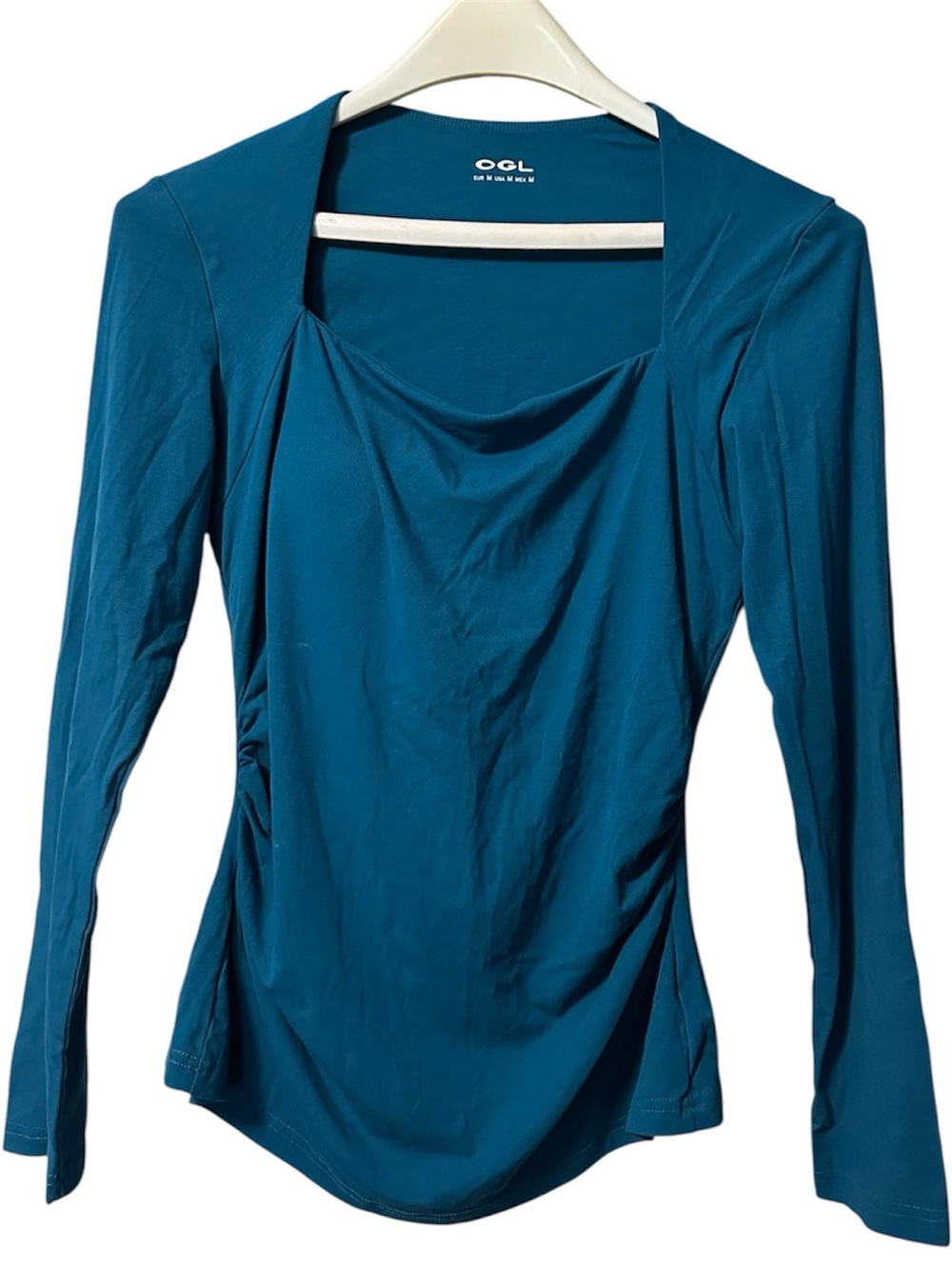 OGL Teal Long-Sleeve Ruched Draped Neck Top with Built in bra! Med